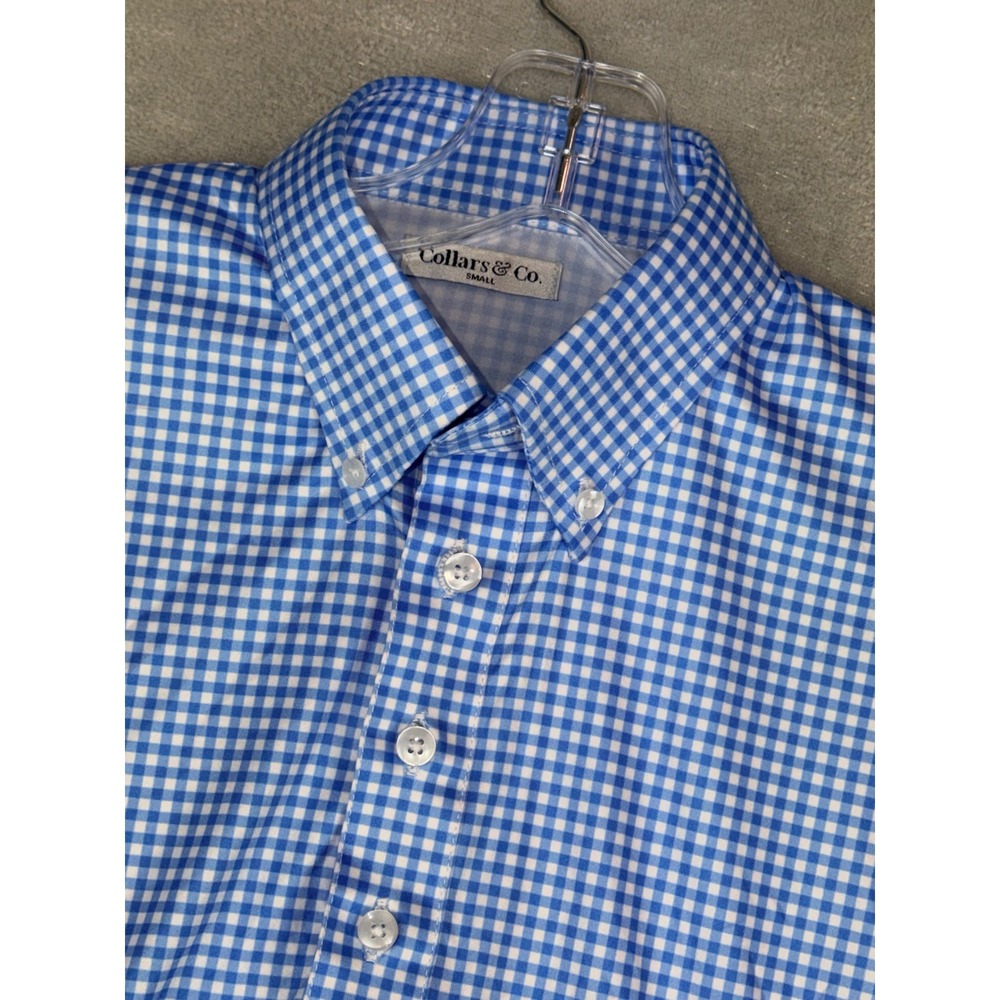 Collars & Co Mens Small Blue Gingham Dress Collar Polo Short Sleeve Shirt NWT
